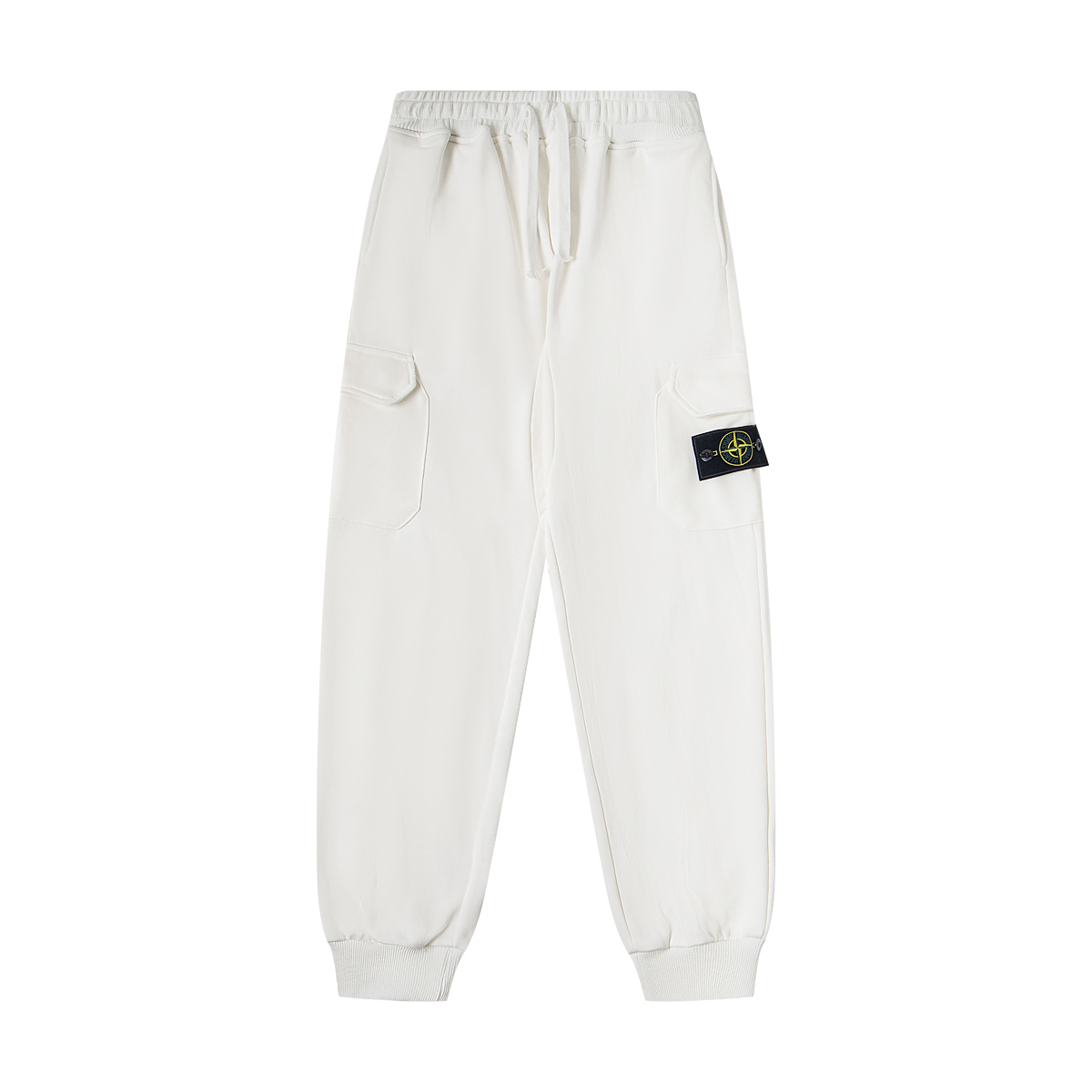 Embroidered badge side-pocket athletic loose-fit trousers – white, M