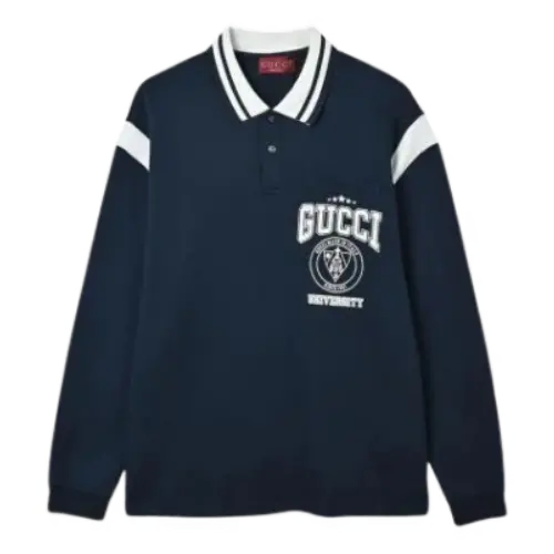 Ancient Cards--- Letter embroidery lapel long sleeve polo shirt – Blue, S