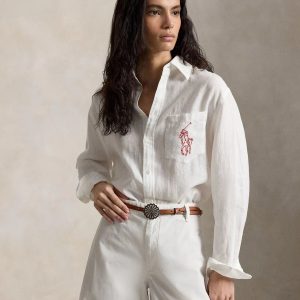 European and American Cross-border 2026 Autumn and Winter Explosions American Temperament Loose Linen Lapel Shirt Pony Embroidery Long Sleeve Women – white, S