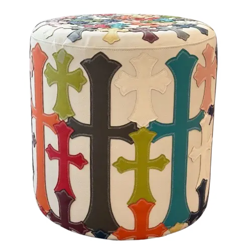 Street-style limited-edition genuine leather round stool, featuring a colorful patchwork in thirteen hues and the iconic Crocs cross motif. Crafted entirely by hand with exquisite design, the entire piece is made from European‑imported full‑grain calfskin—supple, richly textured, and exceptionally flexible
