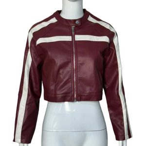 American Style Retro Contrast Color Stripe Internet Popular Motorcycle Leather Jacket Women's Autumn New Spice Girls Super Short Leather Jacket – Red, S