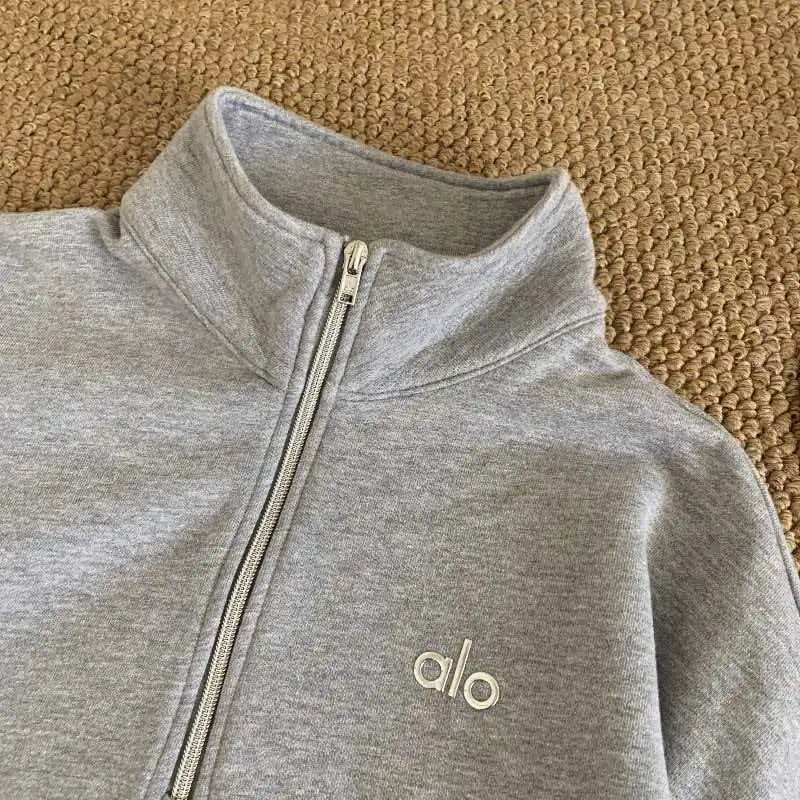 In stock ALO Kim Ji-soo’s same style, new round-neck zip-up quarter-sleeve sports top, trendy Japanese and Korean style.polo – gray, S