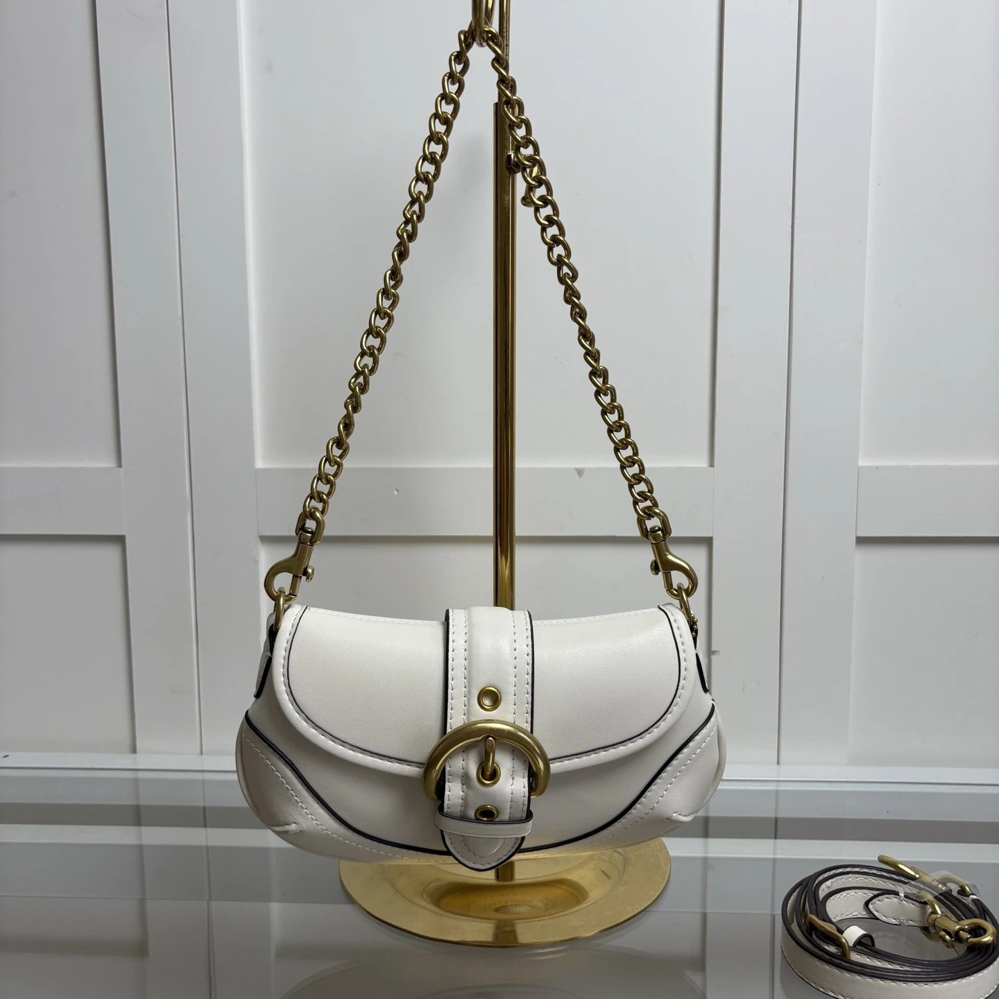 Kou family spring new soho Pea Genuine Leather Saddle Bag Vintage Crossbody Portable Trendy Solid Color Shoulder Bag for Women – White gold buckle, 26*16*7.5
