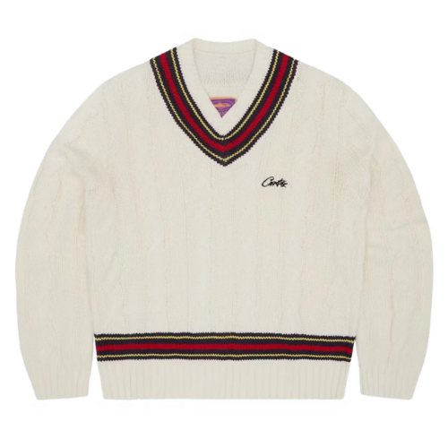 Corteiz Wimbledon V Neck Nnit Sweater Beige / White – Option 7847B403, S