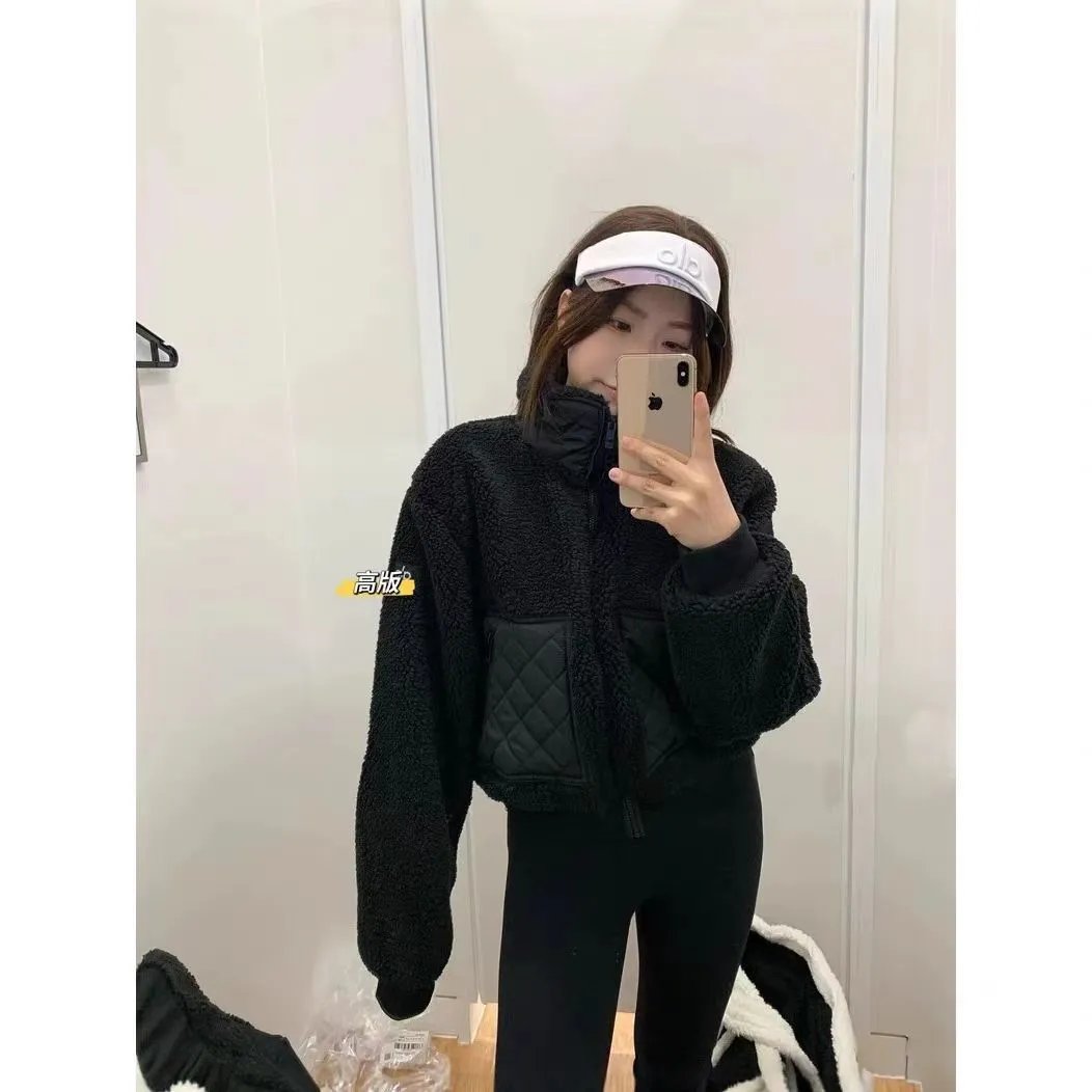 AC-Autumn and Winter Brown Lamb Wool Hooded Short Coat Warm Sports Casual Collar Zipper Jacket – Black, S