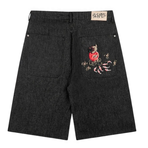 Koi FISH V 2”JORTS RAW BLACK Black jeans – white, S（28）