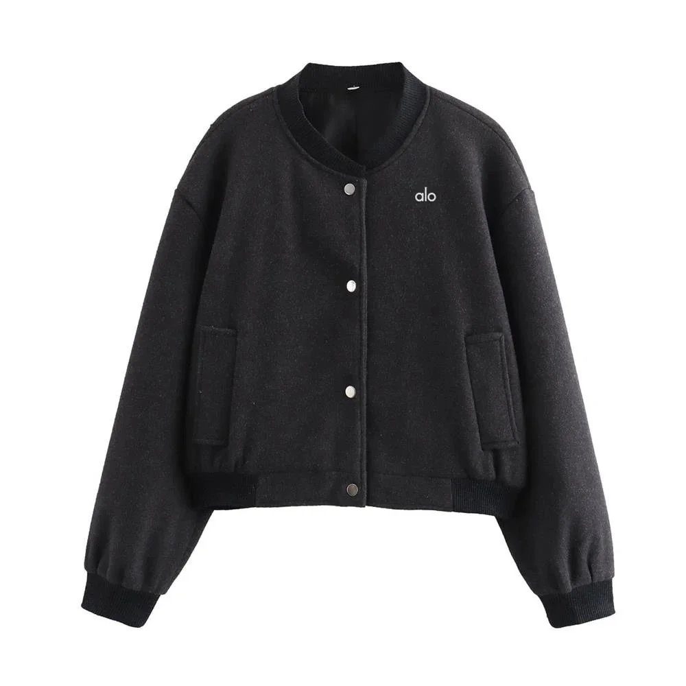 Women’s baseball jacket, casual long-sleeve cropped bomber, yoga wear – Black, S