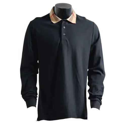 BR---Plaid lapel long sleeves polo shirt – Navy Blue, M