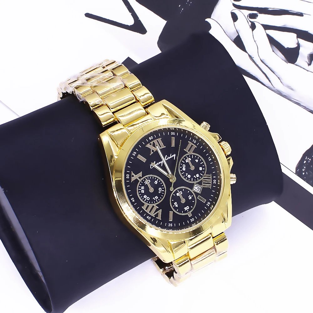 Couples wrist watch set New Watch Gold Steel Band Quartz Couple Watch for One Man and One Woman – Black-faced men’s watch