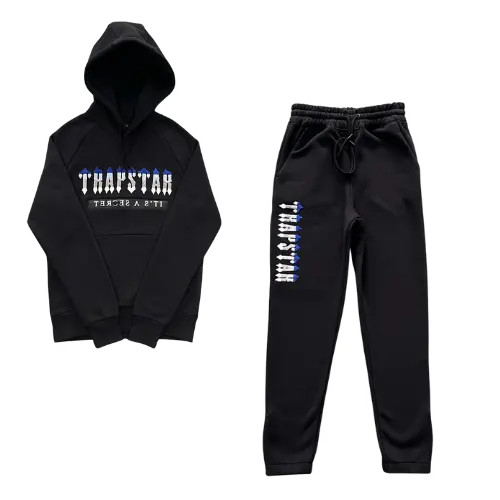 Four-color patchwork embroidery zip-up set – Dark blue patchwork embroidery – Black, XS