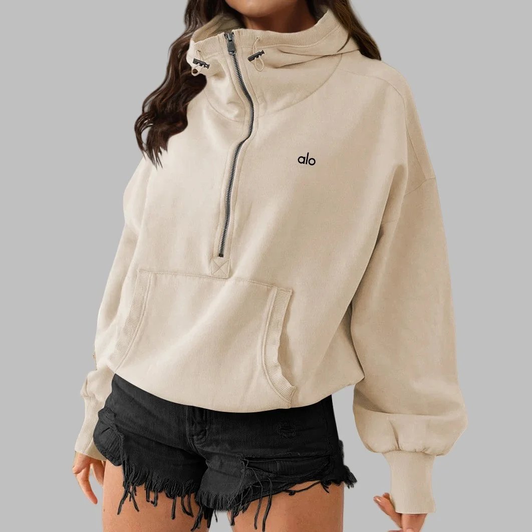 Hooded outdoor sports zip-up hoodie with drawstring, long-sleeve jacket—women’s yoga wear – Apricot color, S