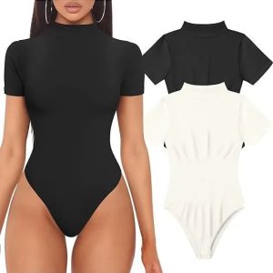 2024 Amazon explosions European and American women's jumpsuit sexy rib high collar short sleeve top yoga jumpsuit – ⑥Black, S
