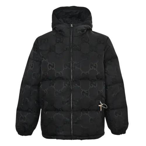 Ancient Cards---GG Letter Dark Jacquard Down Jacket – Black, 42