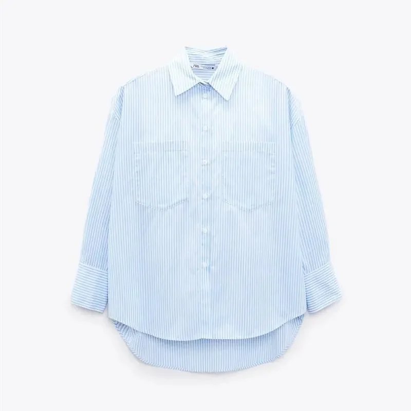 New long-sleeve striped poplin loose-fit shirt with a turn-down collar – Sky blue, XS