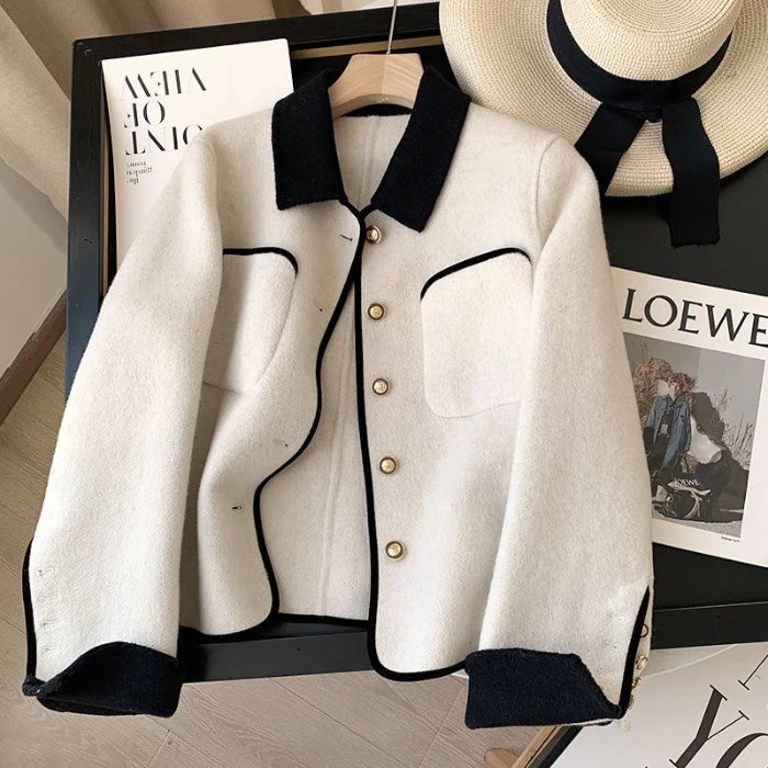 All-match Top French Woolen Coat New Style Small Chanel Style Woolen Coat Female Sheep White Grey – Off-white, S