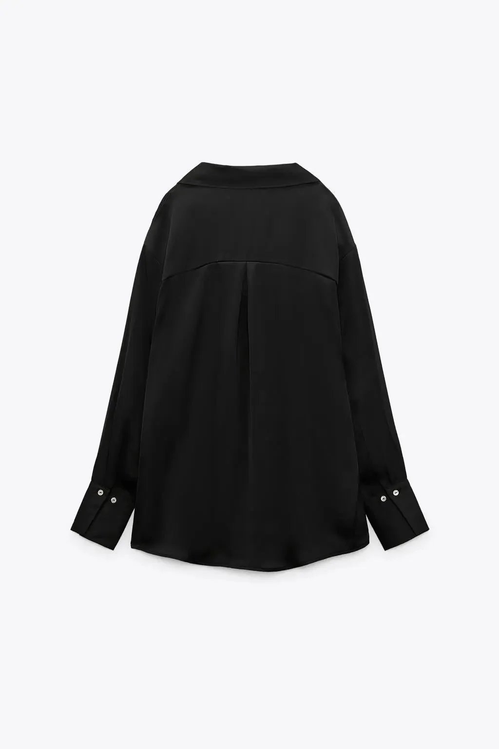 Satin-textured long-sleeve lapel draping blouse – Black, XS