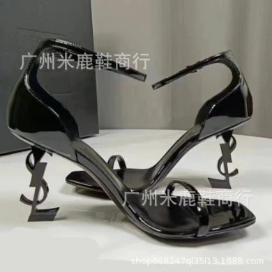 2025 YS Forest Same Style Black Patent Leather Sexy High-heeled Sandals with Metallic Letters Female Socialite Style – Patent leather black heel 8 CM, 35