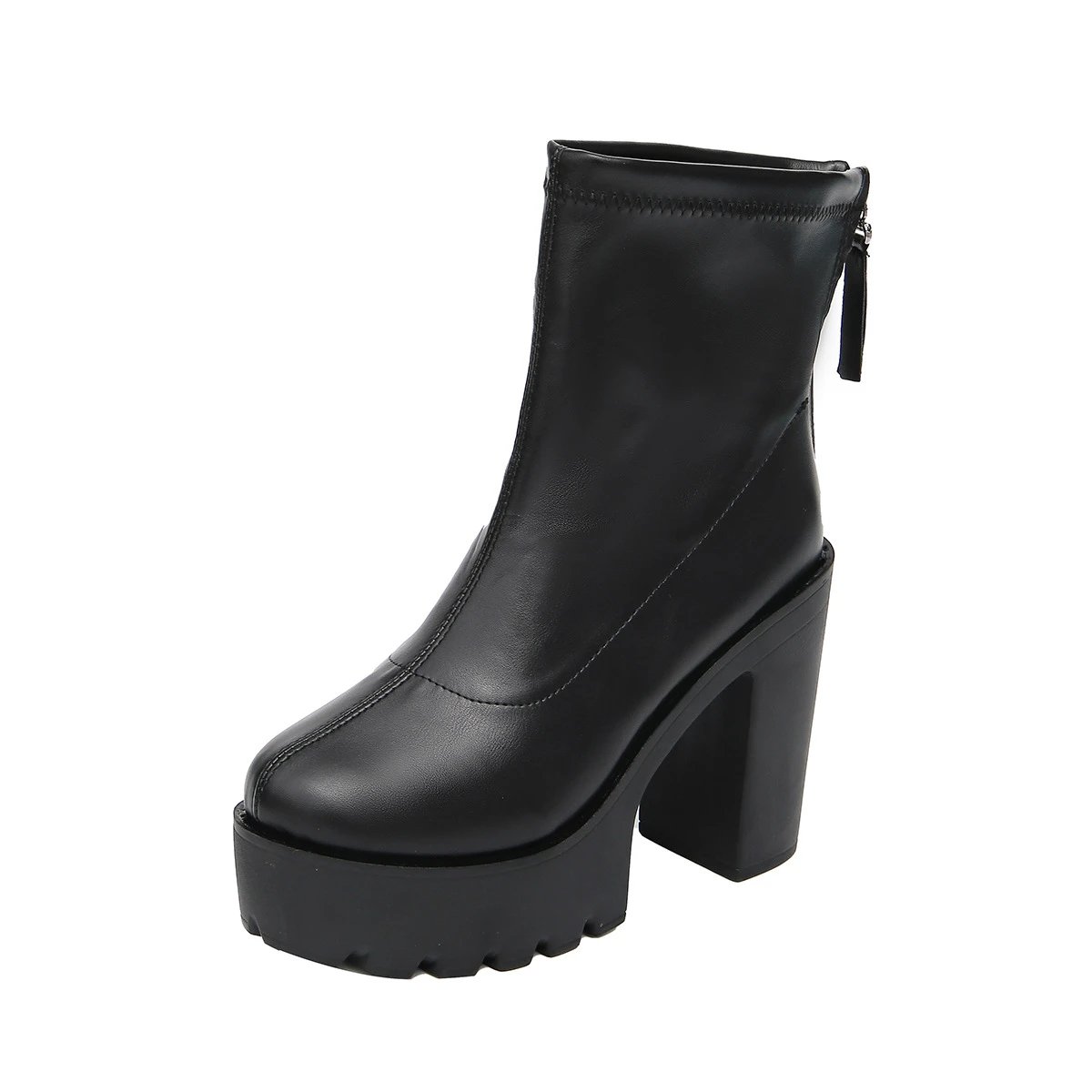 Foreign trade large size waterproof platform short boots women's new boots 2025 autumn and winter thick heel high heel thick bottom Martin boots – Black leather surface, 36
