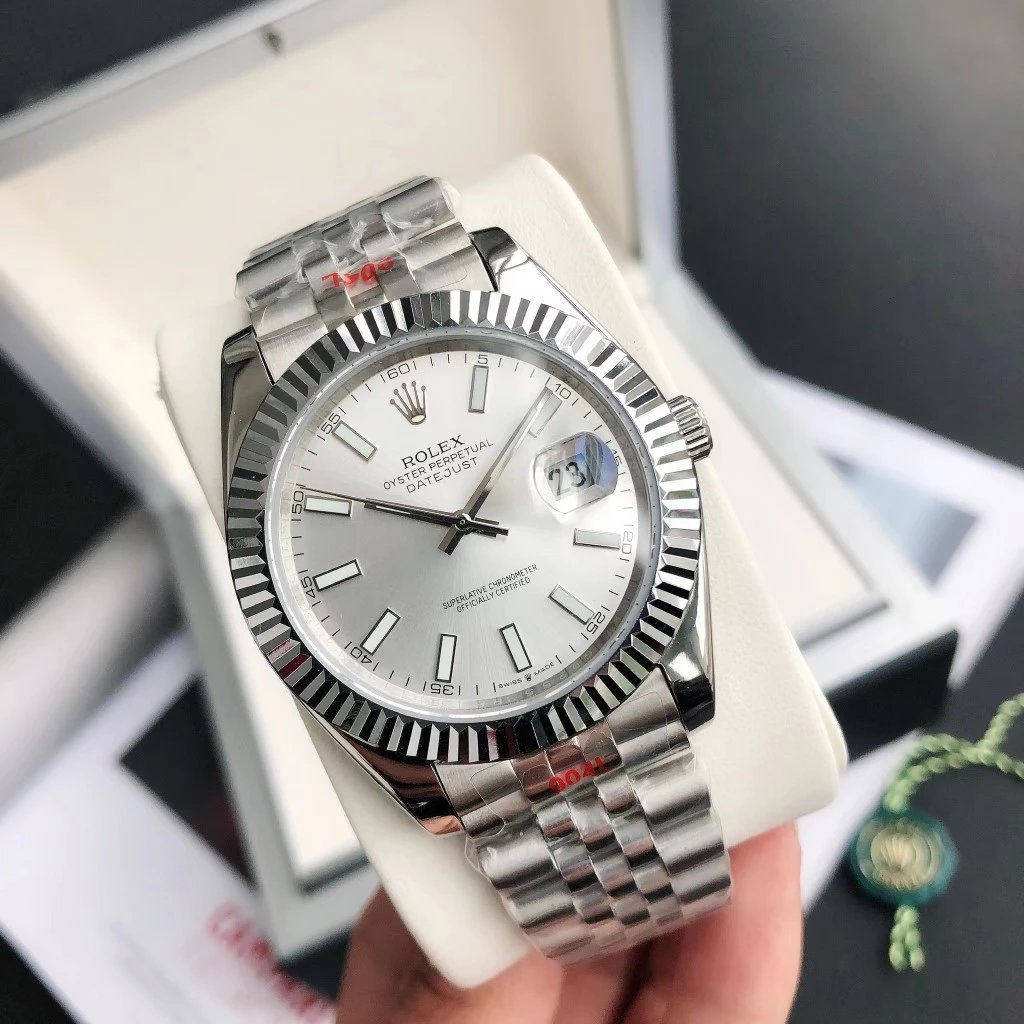Men's Watch Waterproof Watch Watch Calendar Steel Band-Watch Watch Mechanical Business Mechanical Watch] Men's Sports Watch – [Bar-and-dot dial] Silver case, silver dial, steel bracelet, Without the full set of packaging