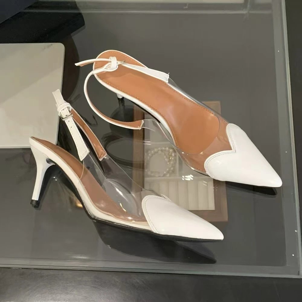 2026 Summer Transparent Heart Pointed High Heels with One-word Buckle French Stiletto Heel Rear Empty Toe Sandals Women's Spot – white, 35