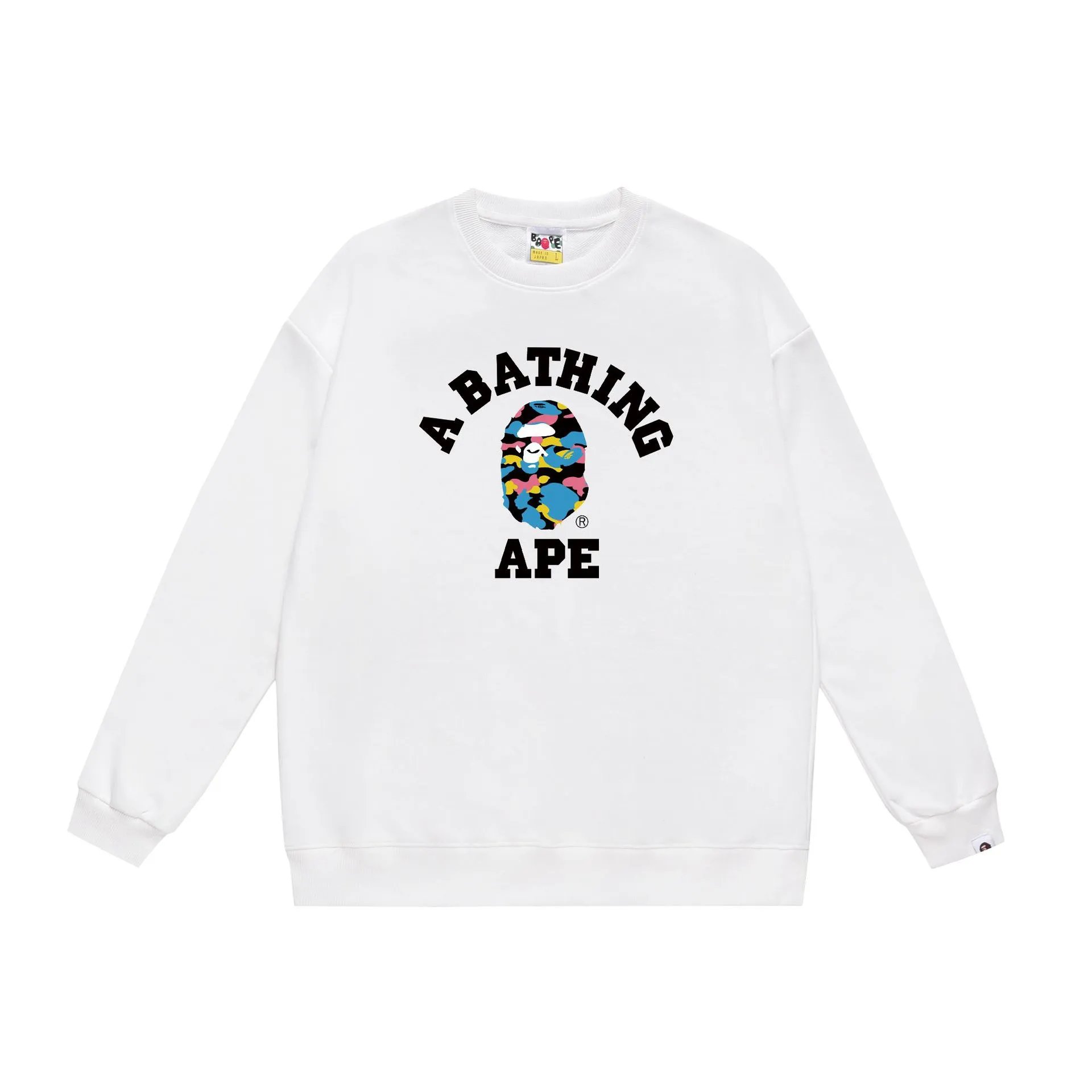 Cross-border Autumn New Japanese BAPE Color Ape-Man Letter Printed terry Fleece Crewneck Men's and Women's Pullover Sweatshirt – white, S