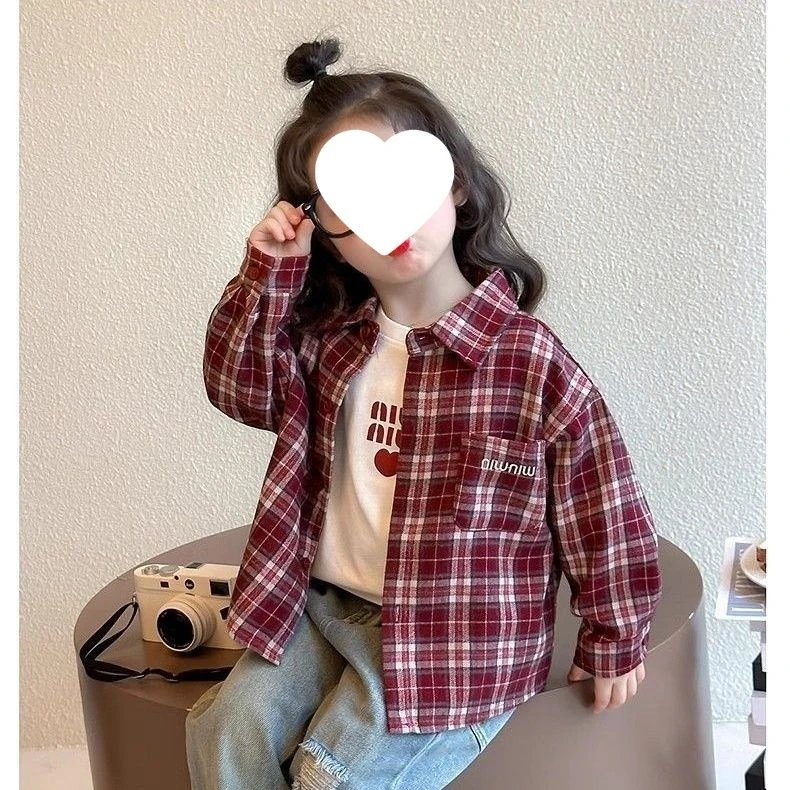 Girls' Plaid Shirt Spring and Autumn 2026 New Children's Western Style Fashionable Shirt Baby's Spring Korean Top – New product. Red plaid, 90