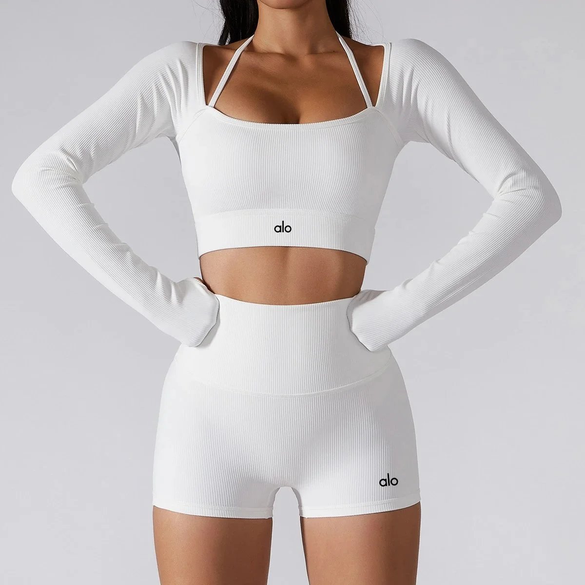 Fitness Ribbed Tight Yoga Apparel Set: Top and Shorts Two-Piece Set – White ribbed top, S
