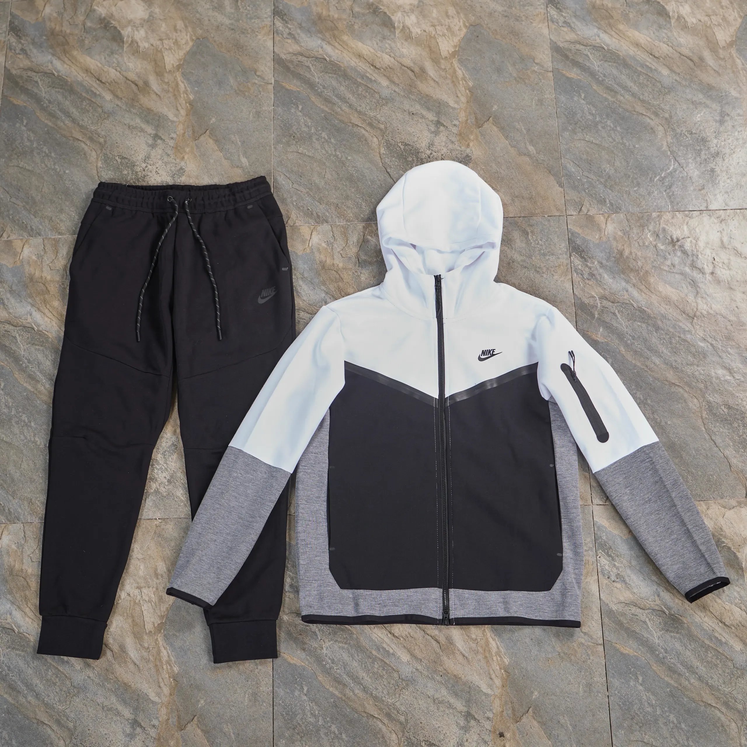 Hooded Zipper Casual Coat Pants Set – White-and-black set with black pants, M