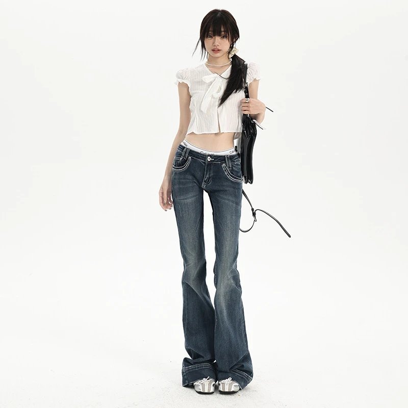 American-style Low-rise Micro-blared Jeans Women's Autumn 2025 New Hot Girl Slim-fit Slimming Horn Horseshoe Trousers – Retro Blue, XS