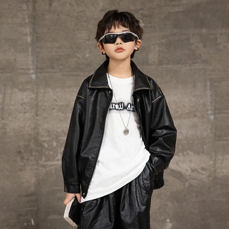 2026 Spring and Autumn New Children's Motorcycle Leather Coat Retro Jacket for Boys and Girls – Black, 90cm