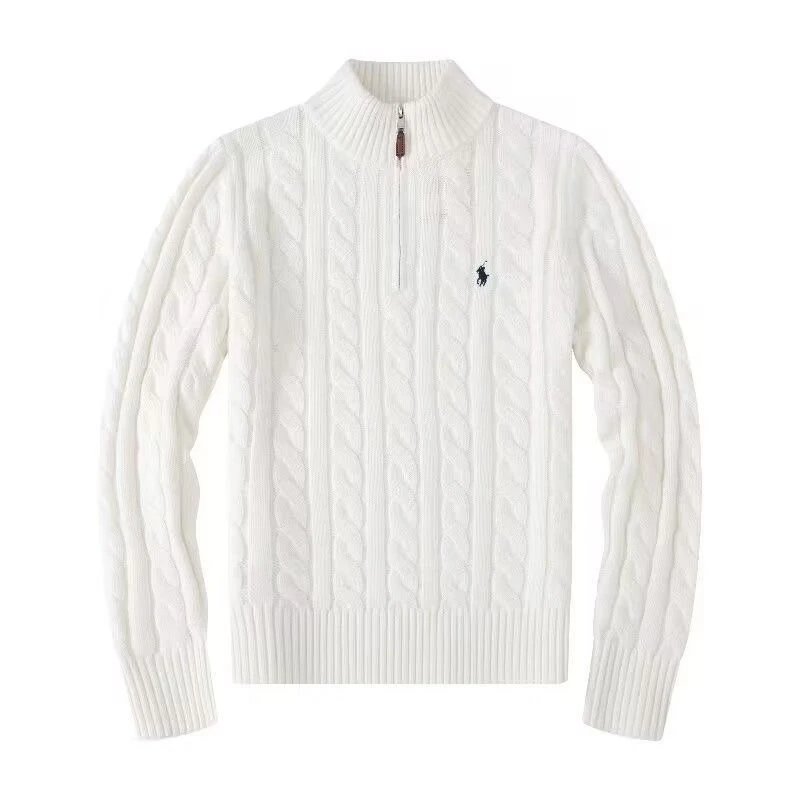 Sweater Autumn and Winter Thickened Collar Half-height Zipper Twist Knit – white, S
