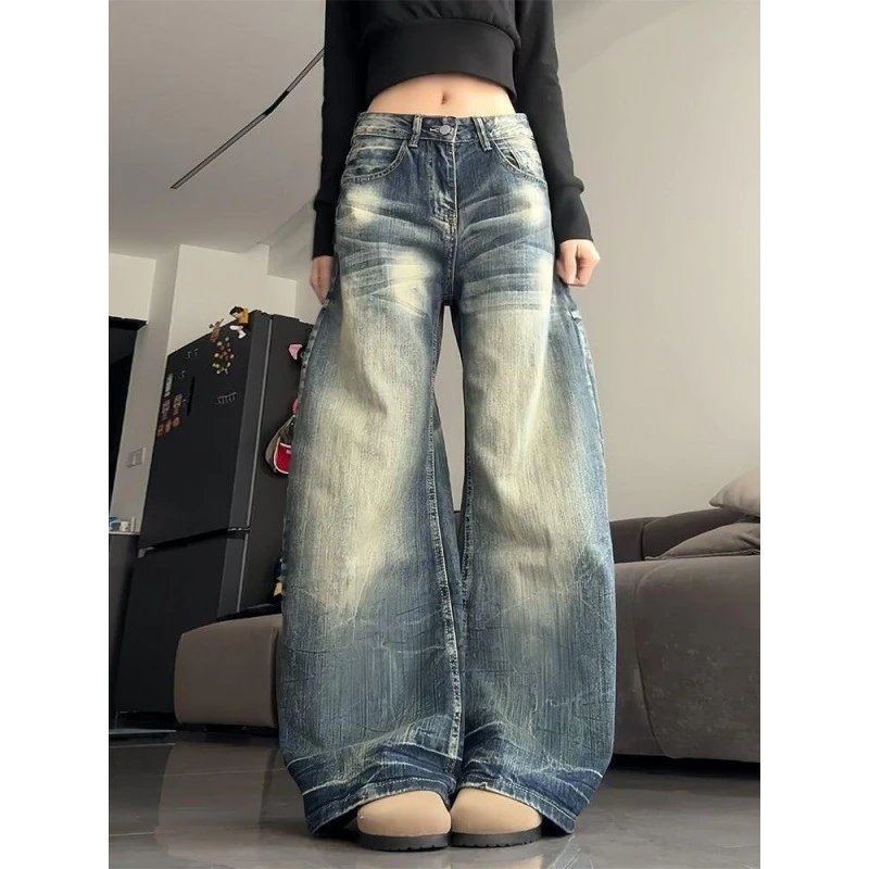 American Style Vintage Washed Cat Whare Design Scimitar Jeans Women's Spring High Street Loose Slimming Wide Leg Trousers – Retro Blue, S