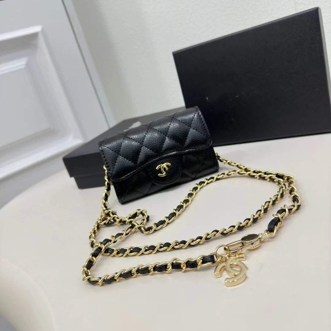 YY 08 Card Bag Coin Purse Mini Cute Genuine Leather Waist Bag Women's Chain Crossbody Small Square Bag – Black with gold buckle, caviar, Dimensions: 11 x 7.5 x 2cm