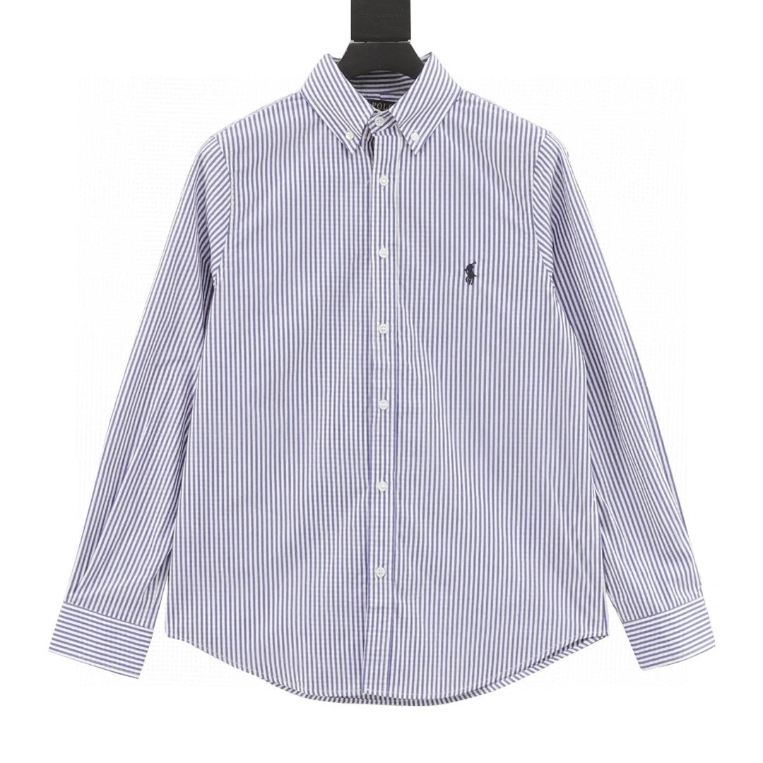 stripes Logo Embroidered-breasted lapel long sleeve casual shirt – Size S, Blue and white stripes