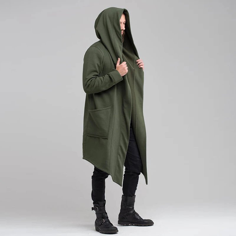 Autumn and winter solid color wool sweater cardigan European and American men's thick coat foreign trade men's hooded long coat spot – Green, S