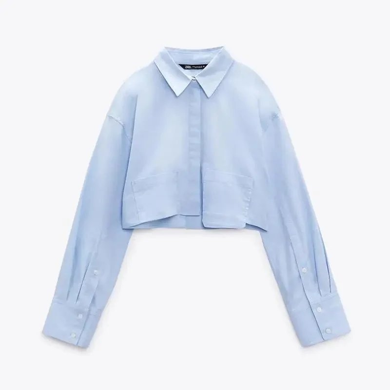 Versatile poplin short-length shirt, blue pure cotton blouse – Sky blue, XS