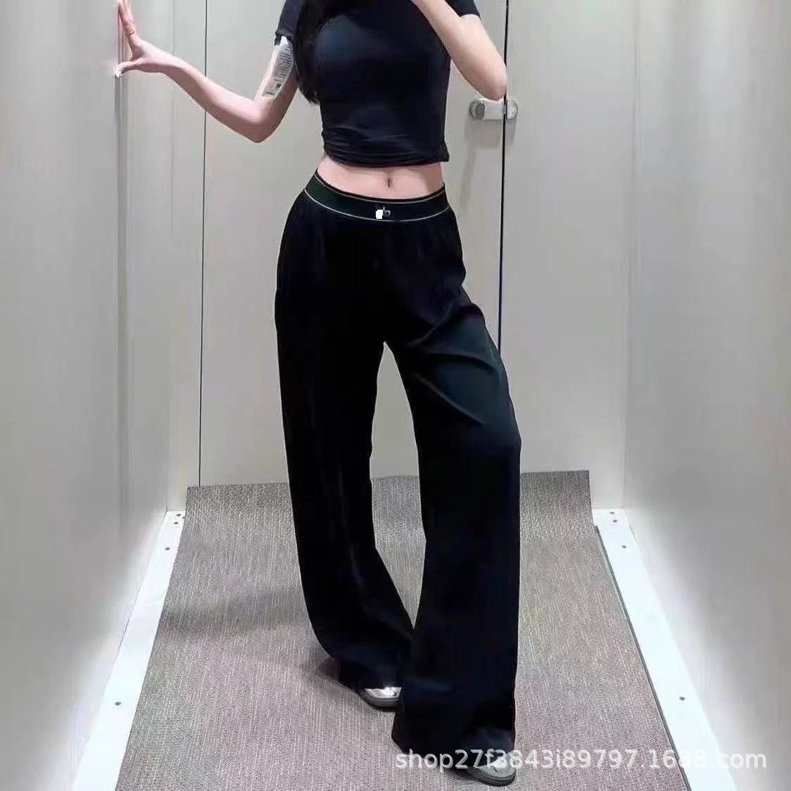 aloy Quick-drying Sports Wide-leg Pants Reflective Leg Label Casual Loose Straight Pants Spring and Summer Light New Women's Slimming – Black, S