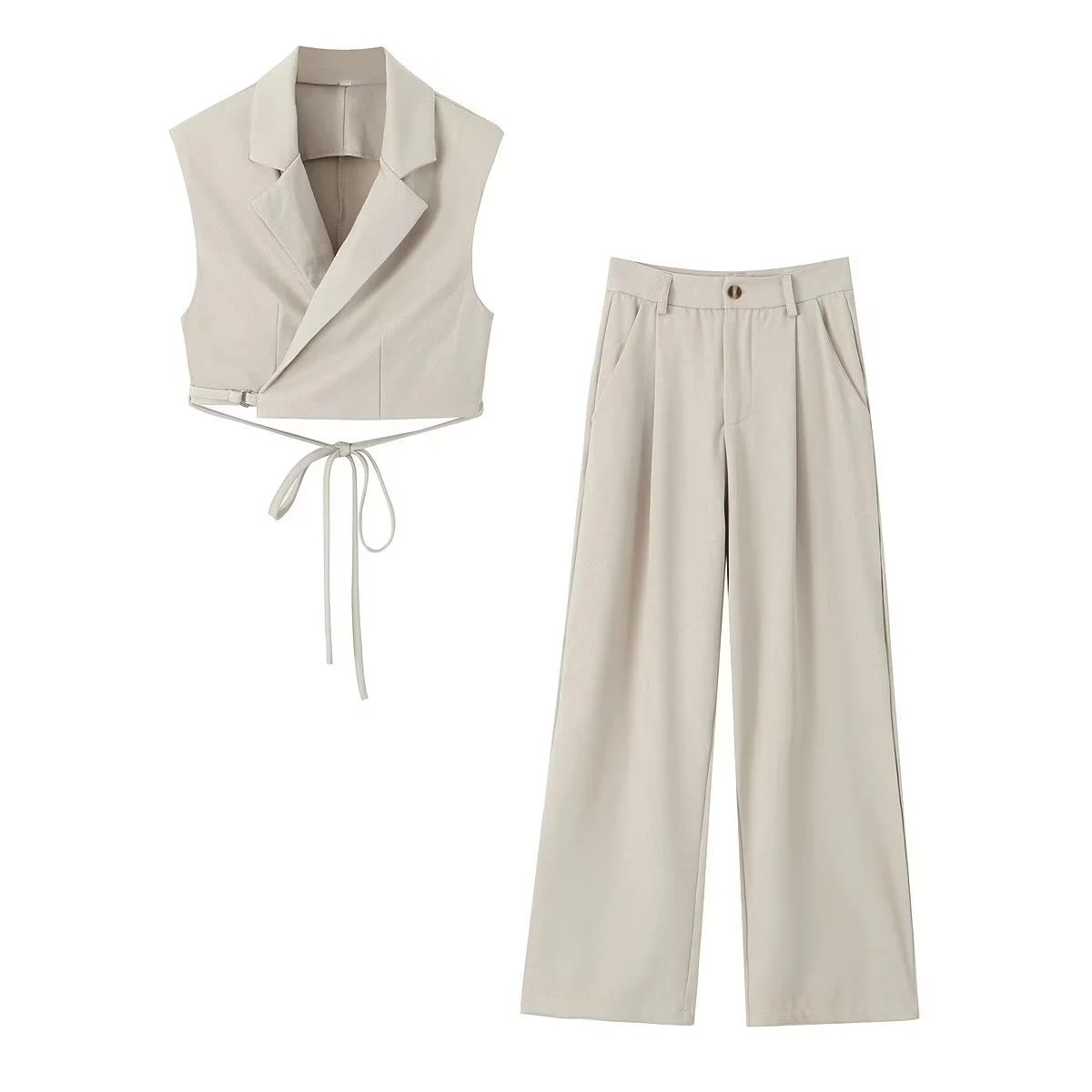 2025 Summer New Women's Clothing European and American-style Suit Collar Lace-up Slim-fit Vest Slim-fit All-match Wide-leg Pants – Khaki, XS
