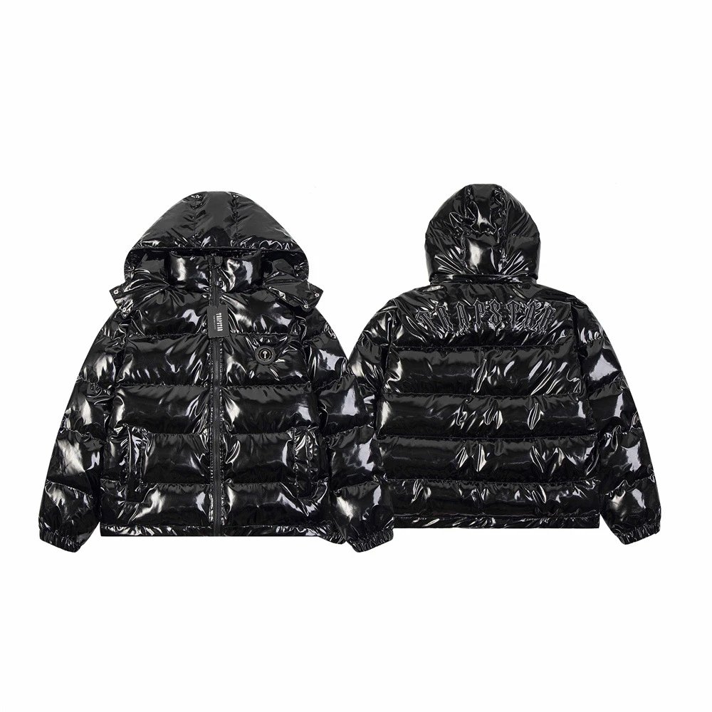 Trapstar autumn and winter new bright PU leather padded down cotton-padded jacket hooded coat men's and women's bright cotton-padded jacket tide – Black, S