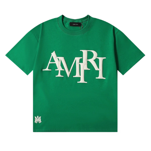 Real-shot in-stock trendy European and American brand AM1R1 letter‑embossed print unisex heavy‑weight double‑weft pure cotton short‑sleeve T-shirt, super stylish – Black-933#, S