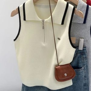Preppy style PoLo Women's Half-Zip Collar Outer Wearing Knitted Vest for 2026 Summer New High-end Design Niche Top – Apricot color, S is recommended for 80–95 jin.