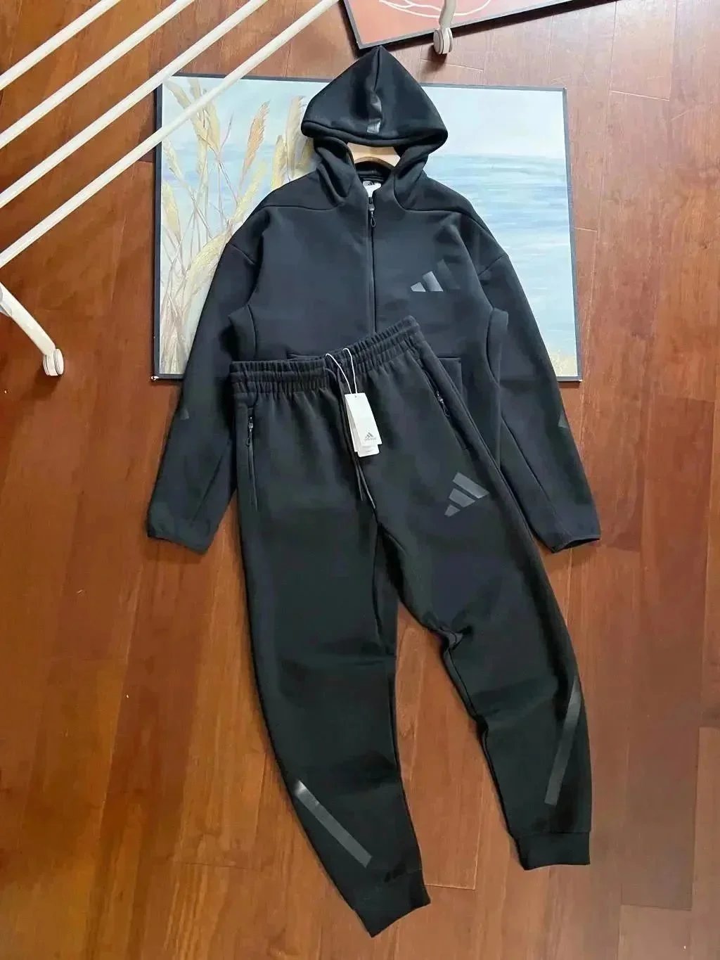 Hooded Zip-Front Top and Trousers Sets – Set A- Black, M