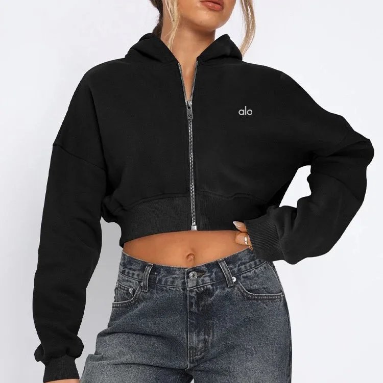 Short Slim-fit Slim-fit Yoga Suit Winter Fleece-lined Casual Sports Zipper Hooded Cardigan Sweater – Black, S