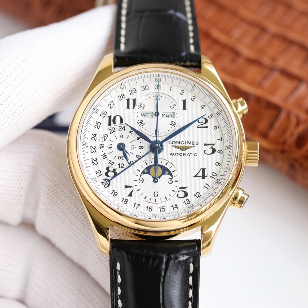 Watch eight pin 7751 movement 42 mm Sapphire Belt Business Watch – Gold Shell · White Plate · Black Belt, Without the full set of packaging