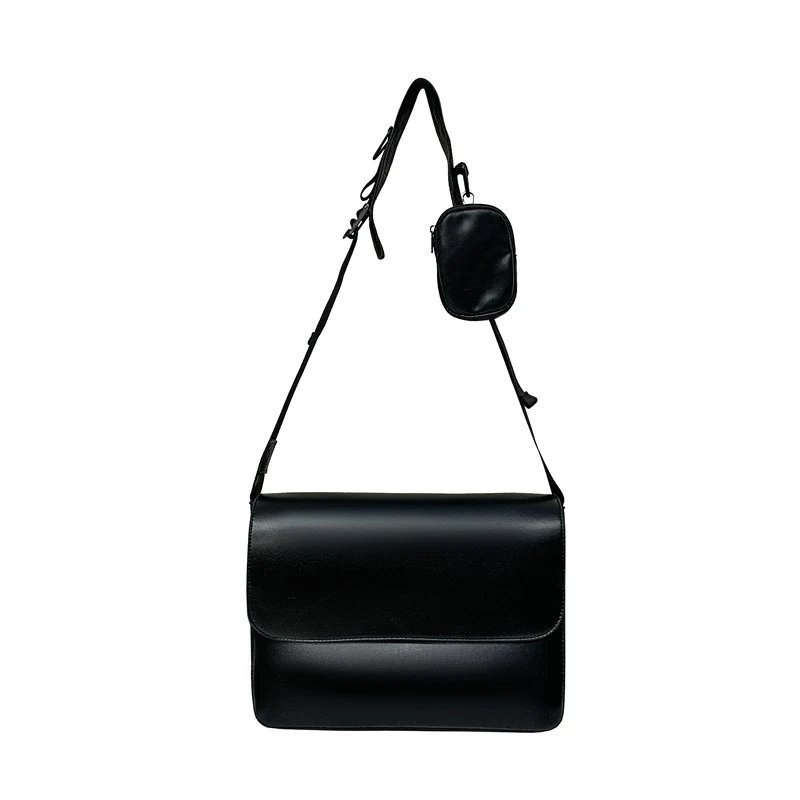 Cross-border popular Korean street men's messenger bag PU Neutral Style Men's and Women's Shoulder Bag Simple Design Crossbody Bag – Black