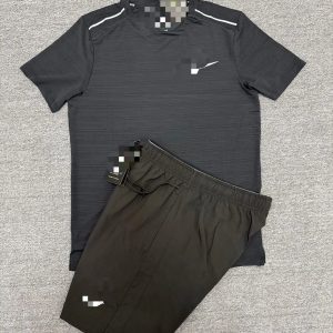 2026 Cross-border Set: Round-neck Ice-Silk Short-Sleeve T-Shirt for Men, European/American-Style Summer Sports Running & Fitness Shorts, Highly Elastic and Breathable – 661 771 black with black, M