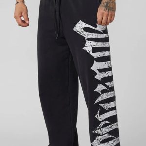 2025 New model YOUNGLA American Trendy Sports Pants Gym Running Training Pants Cotton Printed Wide Leg Pants – Black, S