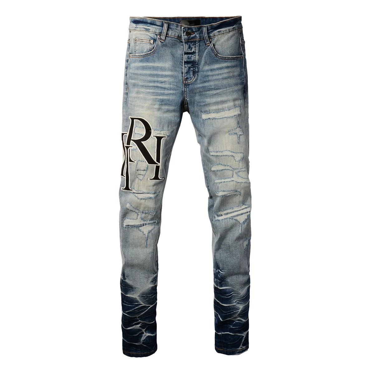 Foreign Trade Cross-border Europe and America hiphop Fashion Ripped Patch Slim-fit Skinny Jeans Men TEMU Pants 8898