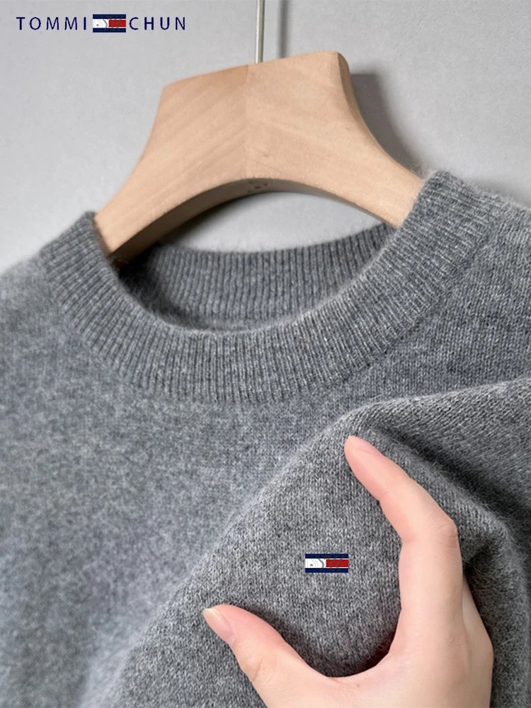 American Tommy wool sweater, men’s crew-neck thickened solid-color cashmere fashion casual base-layer pullover knit