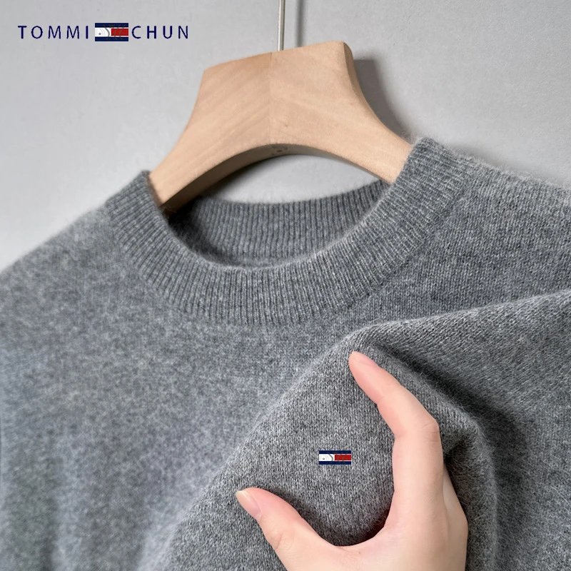 American Tommy wool sweater, men’s crew-neck thickened solid-color cashmere fashion casual base-layer pullover knit – Gray crew neck, 165/M Recommendation 100-115 Jin wear